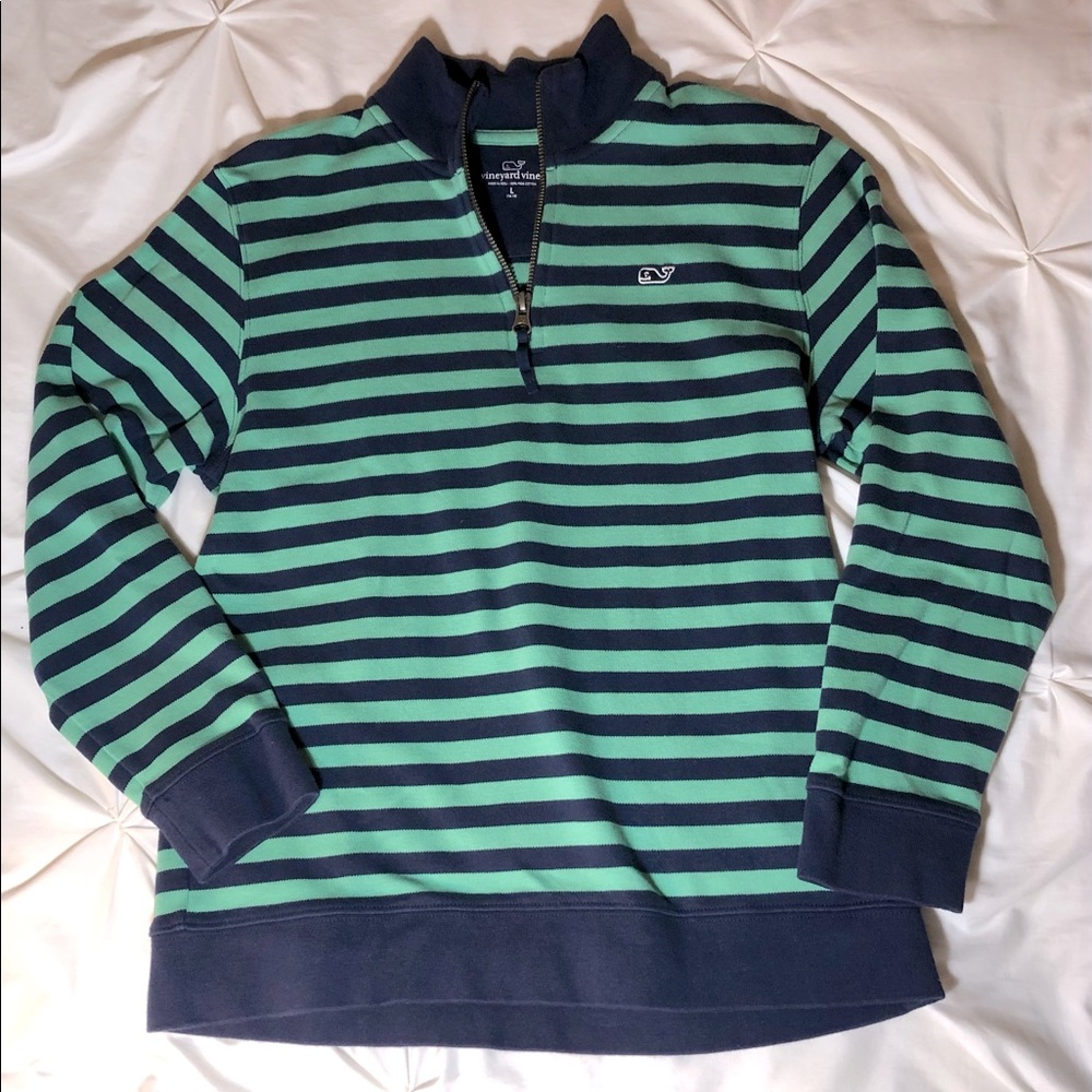 Vineyard Vines Boys 1/4 zip youth size large blue/green stripe